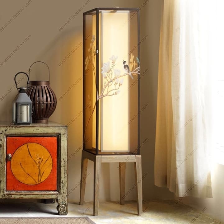新中式落地灯客厅灯[摆设]布艺蚕丝灯手绘落地灯别墅灯餐厅灯（遥控调光） - 详情图 2