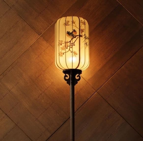 新中式落地灯手绘花鸟布艺灯饰 - 详情图 1